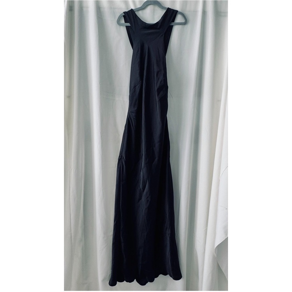 Black Satin Halter Maxi Dress Open‎ Back Scarf Tie Old Money Minimalist Gown NWT